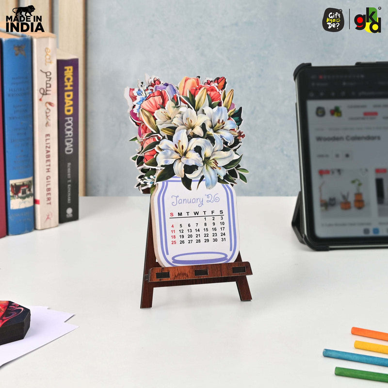 Floral Desk Calendar 2026 | Paper Calendar with Wooden Stand | Perfect for Home & Workspaces