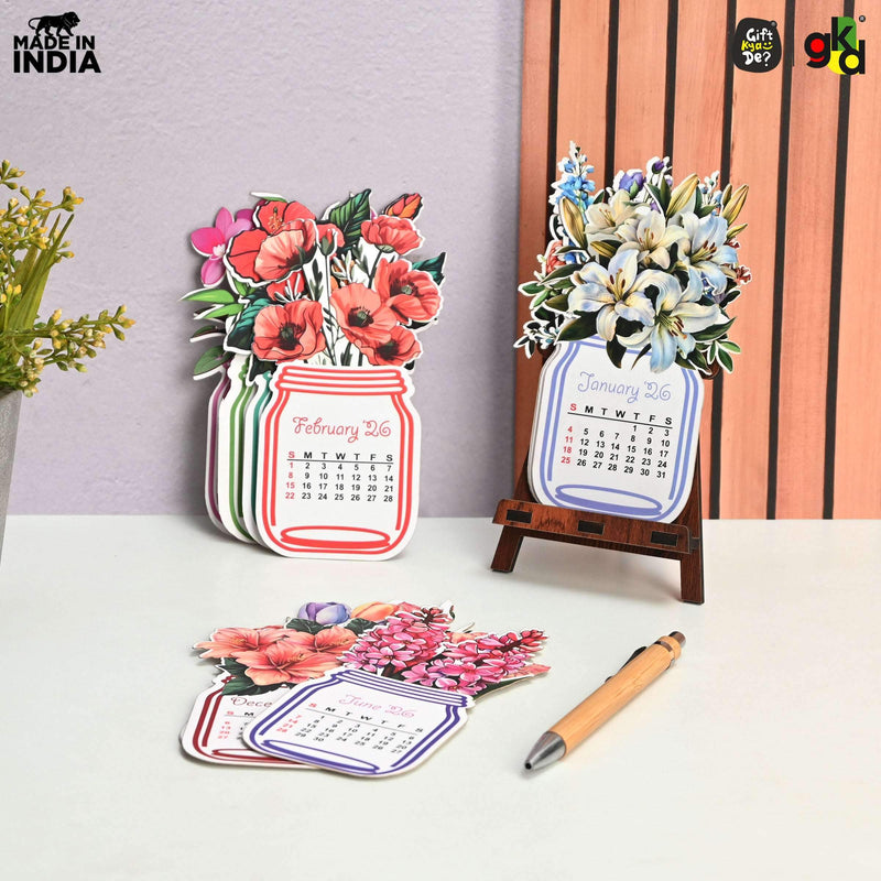 Floral Desk Calendar 2026 | Paper Calendar with Wooden Stand | Perfect for Home & Workspaces