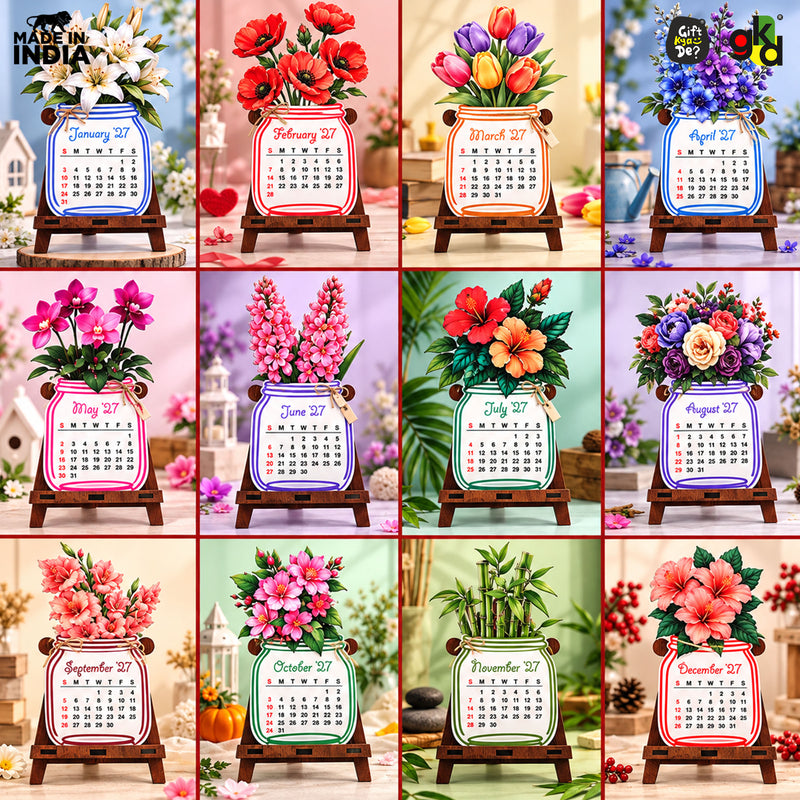 Floral Desk Calendar 2027 | Paper Calendar with Wooden Stand | Perfect for Home & Workspaces