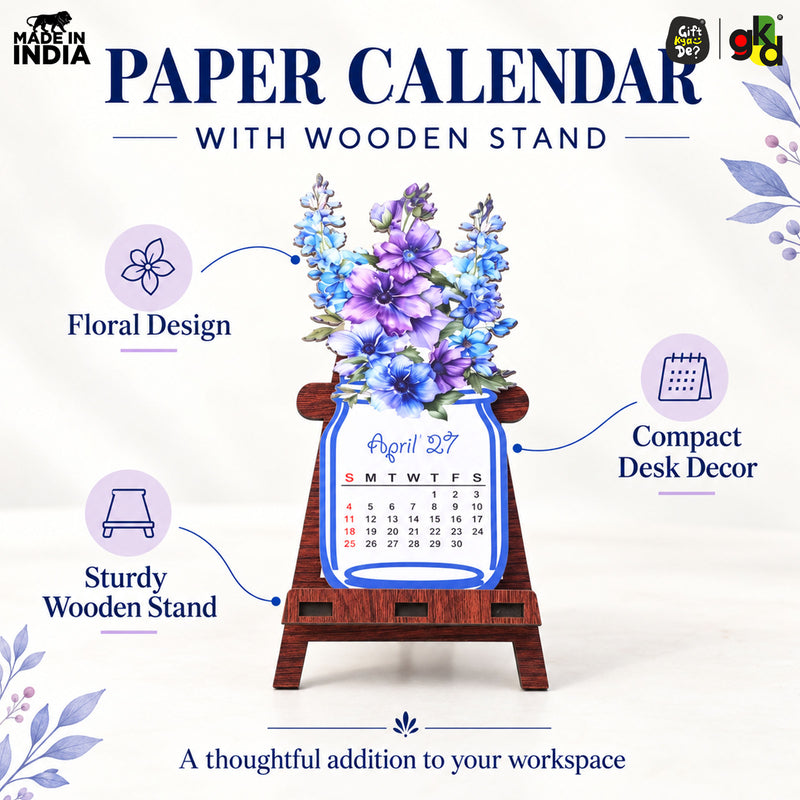 Floral Desk Calendar 2027 | Paper Calendar with Wooden Stand | Perfect for Home & Workspaces