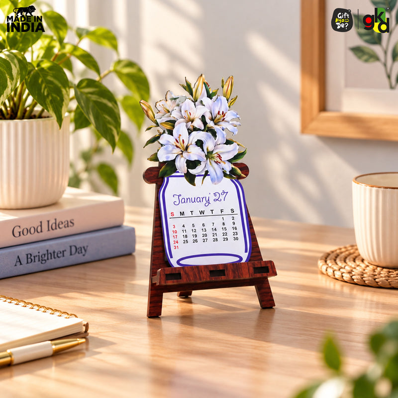 Floral Desk Calendar 2027 | Paper Calendar with Wooden Stand | Perfect for Home & Workspaces