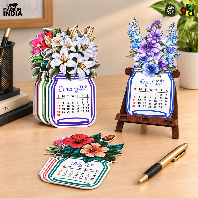 Floral Desk Calendar 2027 | Paper Calendar with Wooden Stand | Perfect for Home & Workspaces