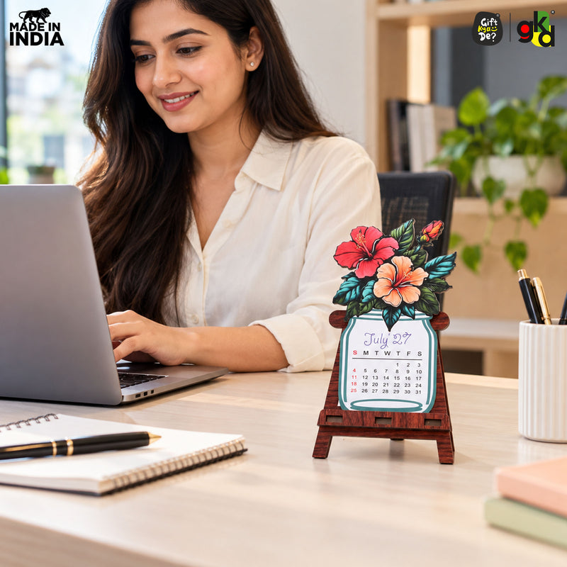 Floral Desk Calendar 2027 | Paper Calendar with Wooden Stand | Perfect for Home & Workspaces