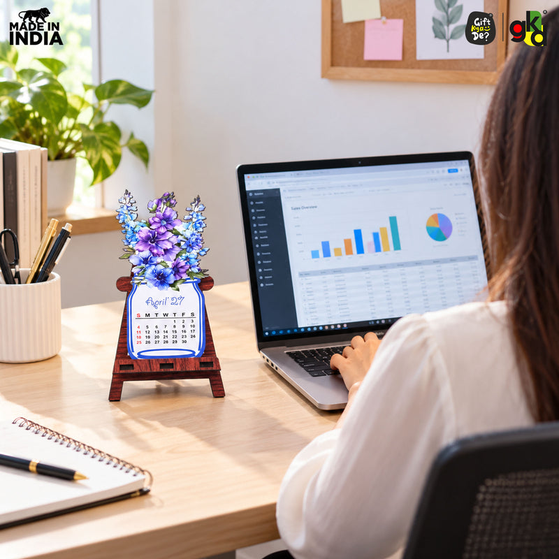 Floral Desk Calendar 2027 | Paper Calendar with Wooden Stand | Perfect for Home & Workspaces
