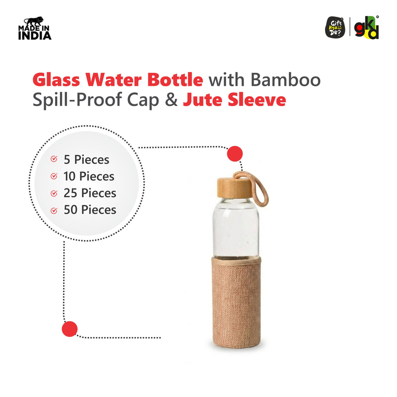 Glass Water Bottle with Bamboo Spill-Proof Cap & Jute Sleeve 450 ML | Eco-Friendly & Reusable | BPA Free | Leak-Proof | Travel Friendly | Made in India