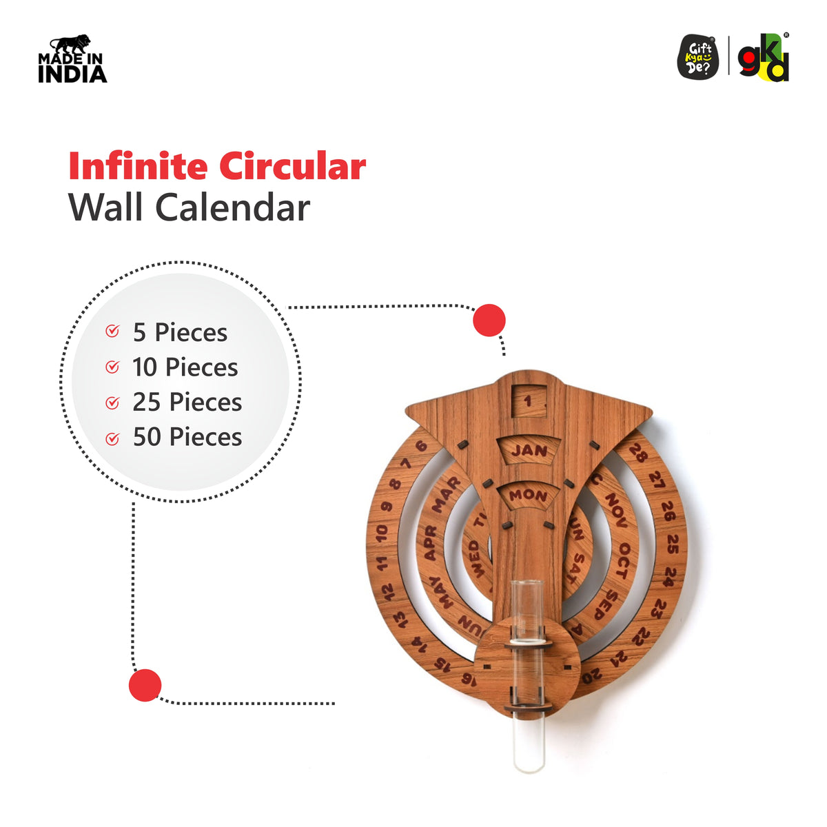 Infinite Circular Wall Calendar (Dark Wood Theme) | Wood Calendar & Test Tube Planter | New Year Gift