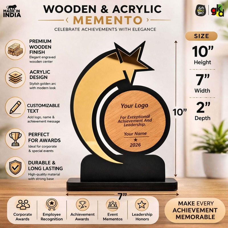 Personalized Star Trophy | Custom Wooden & Acrylic Award with Logo & Name | Corporate Gifts