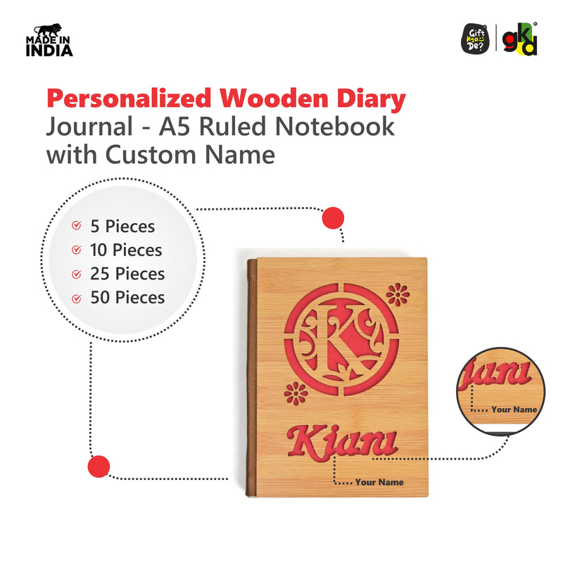 Personalized Wooden Diary Journal - A5 Ruled Notebook with Custom Name | Perfect for Office, Gift & Personal Use (190 Pages)