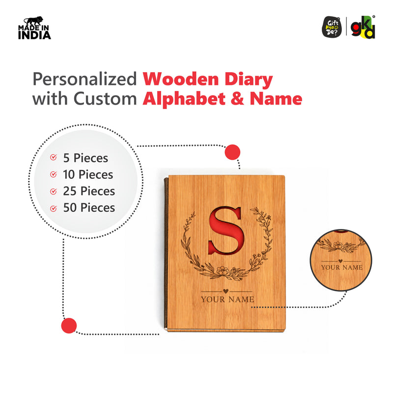 Personalized Wooden Diary with Custom Alphabet & Name | Premium Wooden Cover Journal | 6 x 8 Inch