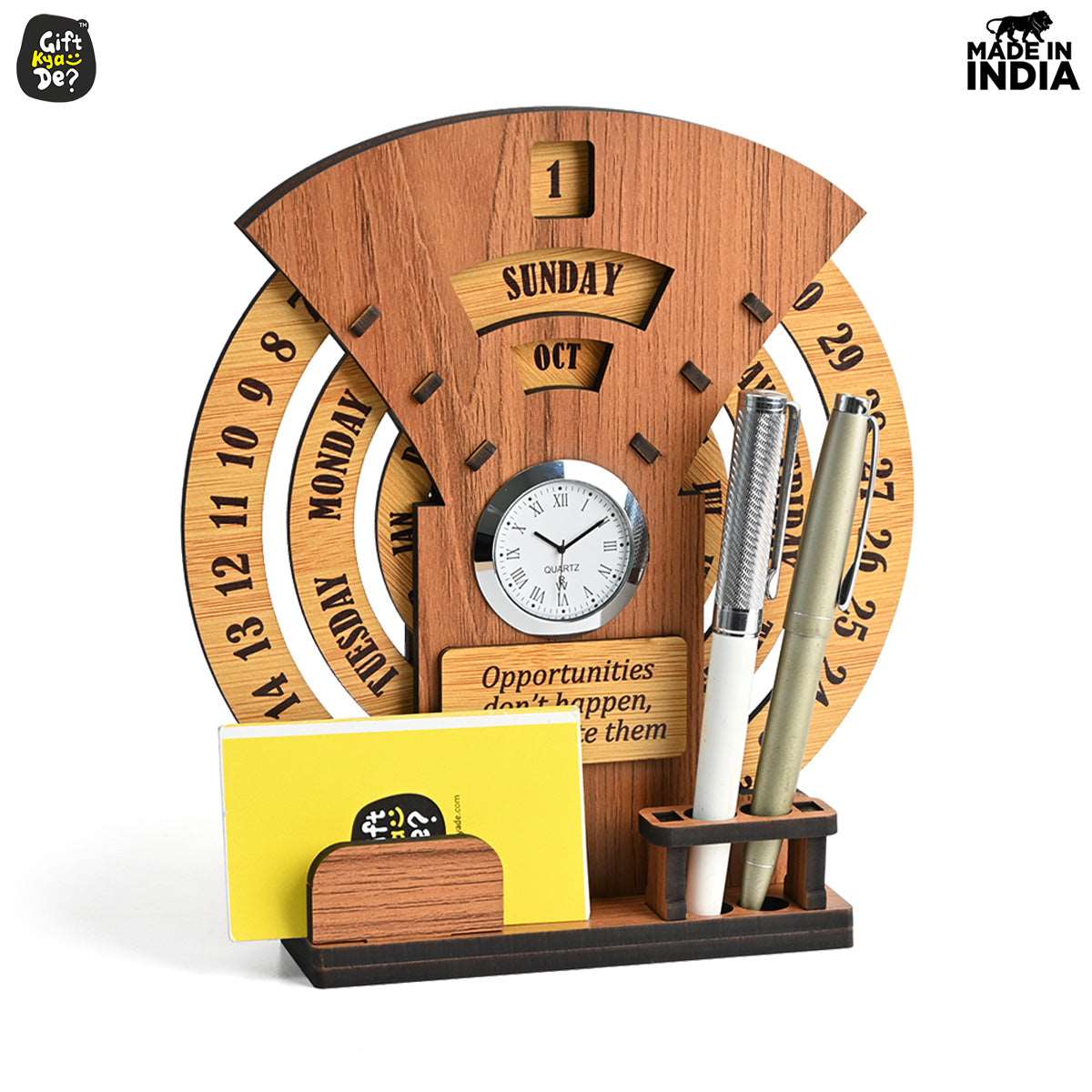 Wooden Infinite Circular Calendar With Pen, Card Holder Gift Kya De