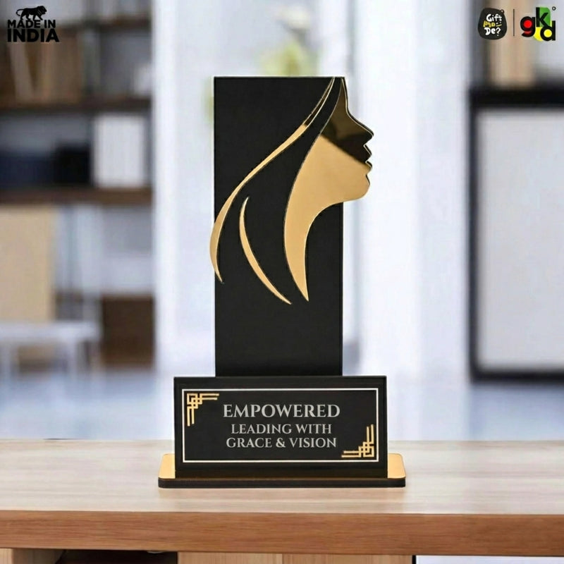 Women's Award Trophy – MDF Wood & Acrylic Memento | Customizable Recognition Gift (Black/Wood)
