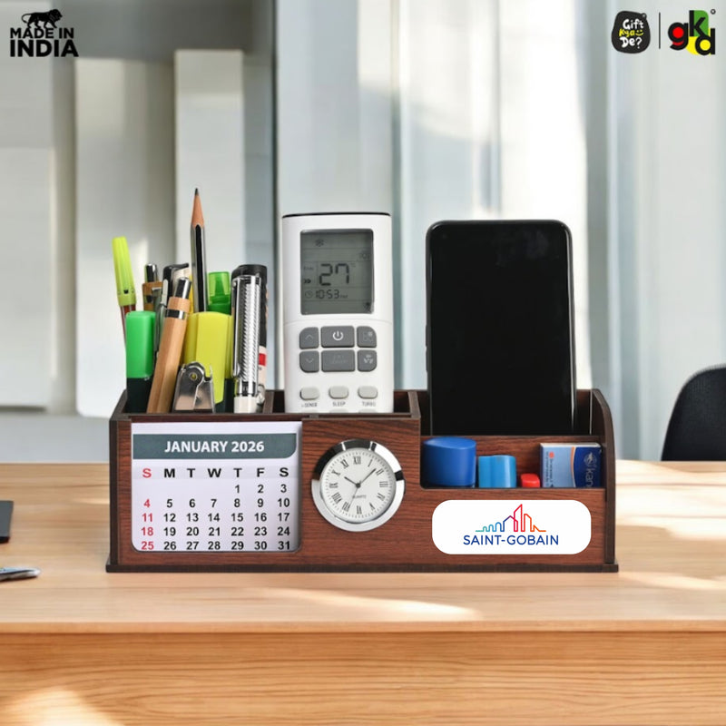 Wooden Desk Organizer with Calendar, Clock and 4 Compartments for Stationery, Mobile and Remote | Tabletop Organizer for Office and Home Use