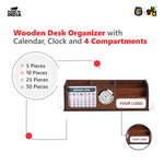 Wooden Desk Organizer with Calendar, Clock and 4 Compartments for Stationery, Mobile and Remote | Tabletop Organizer for Office and Home Use