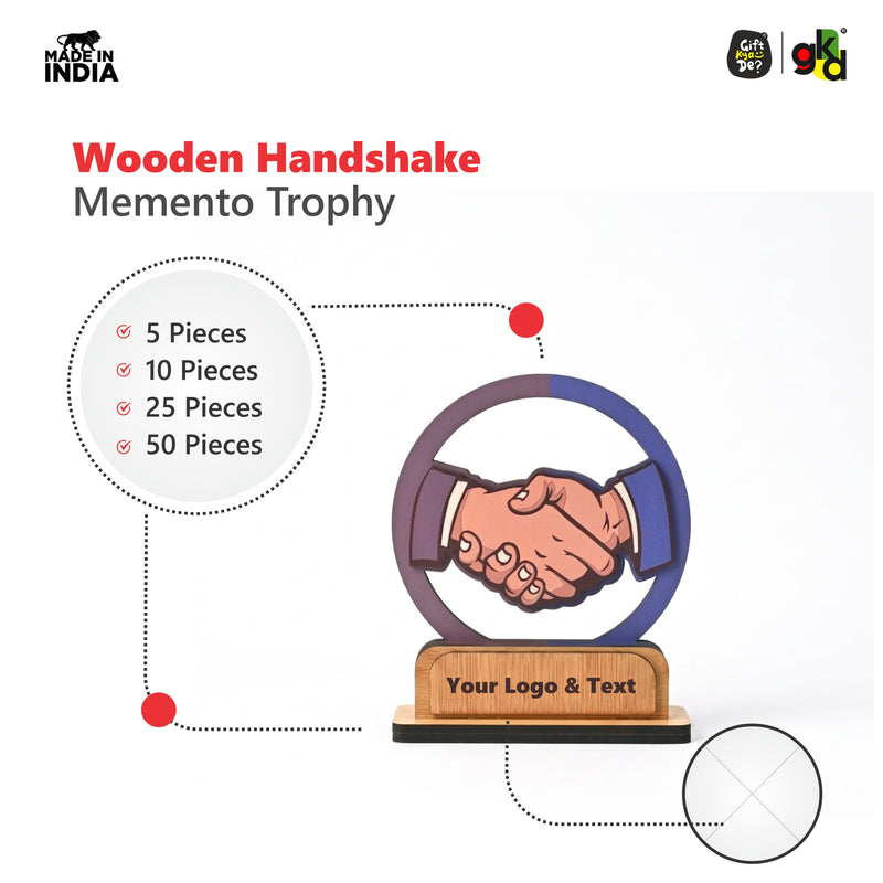Wooden Handshake Memento Trophy | DIY Customizable Partnership Award for Corporate Gifts, Dealer Meets & Business Achievements | Add Your Own Sticker or Text