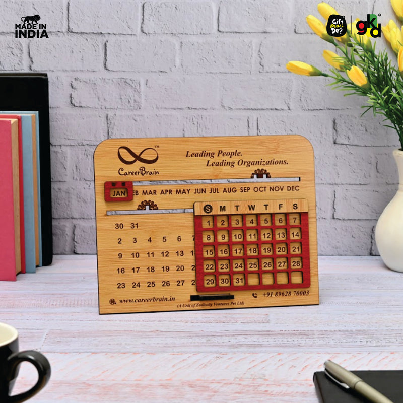 Wooden Lifetime Desk Calendar With Clock | Table Calendar For Office & Home | Eco Friendly