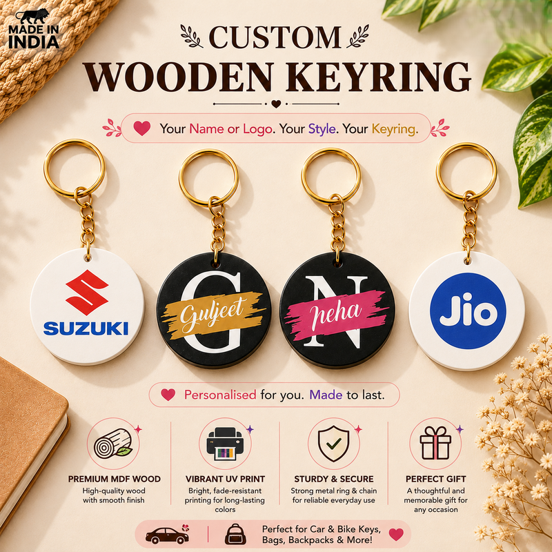 Custom Printed Wooden Keychains for Businesses | Personalized Logo & Name Keyrings | Bulk Corporate Promotional Gifts | MDF Round Keychains