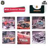 Load image into Gallery viewer, Coaster Set of 6 Bullet Bike &amp; Thar Car Lover | Gifts with Proper Coaster Stand | Set fit for Tea Cups, Coffee Mugs and Glasses (Square 3.8 X 3.8 Inch)