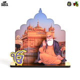 Load image into Gallery viewer, Guru Nanak Dev Ji Wooden Table Top Idol with Golden Temple Background | Spiritual Decor for Home &amp; Office