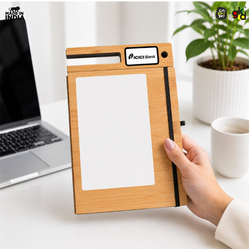 Wooden Smart Diary with Window White Board & Marker | A5 Notebook with Mobile & Pen Stand | Personal Use, Office & Corporate Gift (Copy)