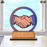 Load image into Gallery viewer, Wooden Handshake Memento Trophy | DIY Customizable Partnership Award for Corporate Gifts, Dealer Meets &amp; Business Achievements | Add Your Own Sticker or Text