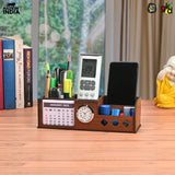 Load image into Gallery viewer, Wooden Desk Organizer with Calendar, Clock and 4 Compartments for Stationery, Mobile and Remote | Tabletop Organizer for Office and Home Use