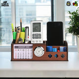 Load image into Gallery viewer, Wooden Desk Organizer with Calendar, Clock and 4 Compartments for Stationery, Mobile and Remote | Tabletop Organizer for Office and Home Use