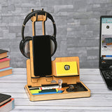 Wooden Headphone Holder for Gamers Music Lovers, Portable Desk Organizer with Mobile Phone Stand Compatible with All Headphones Size