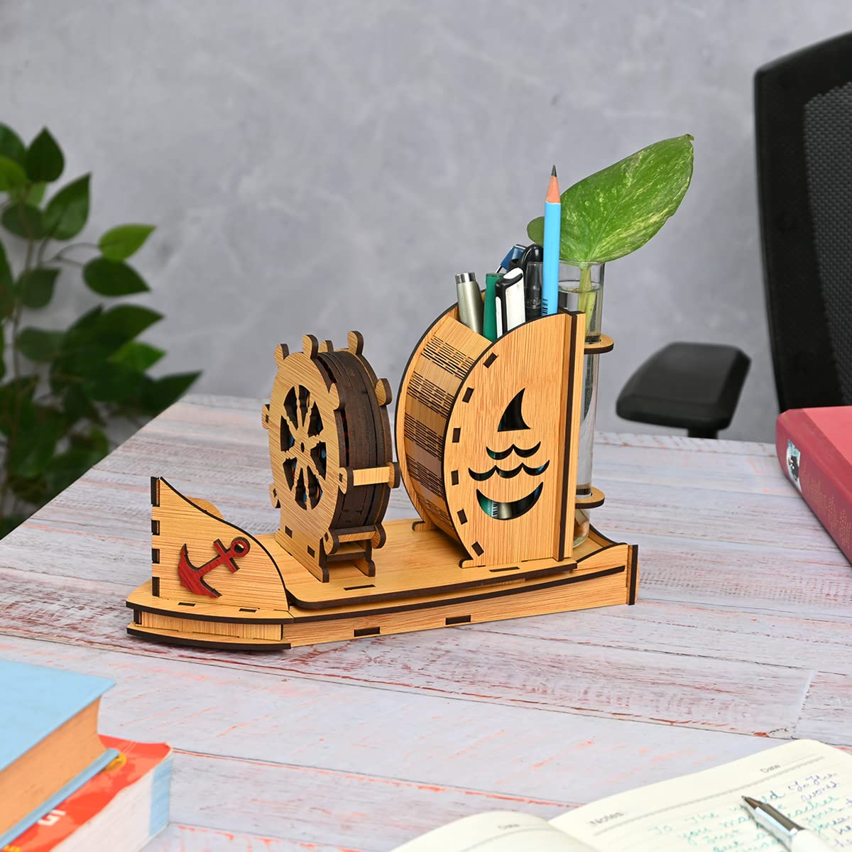 Boat Shape Coaster Stand With Set of 6 Coaster & Cute Test Tube Planter, Good for Dining Table Decorative Items and Office Desk Accessories