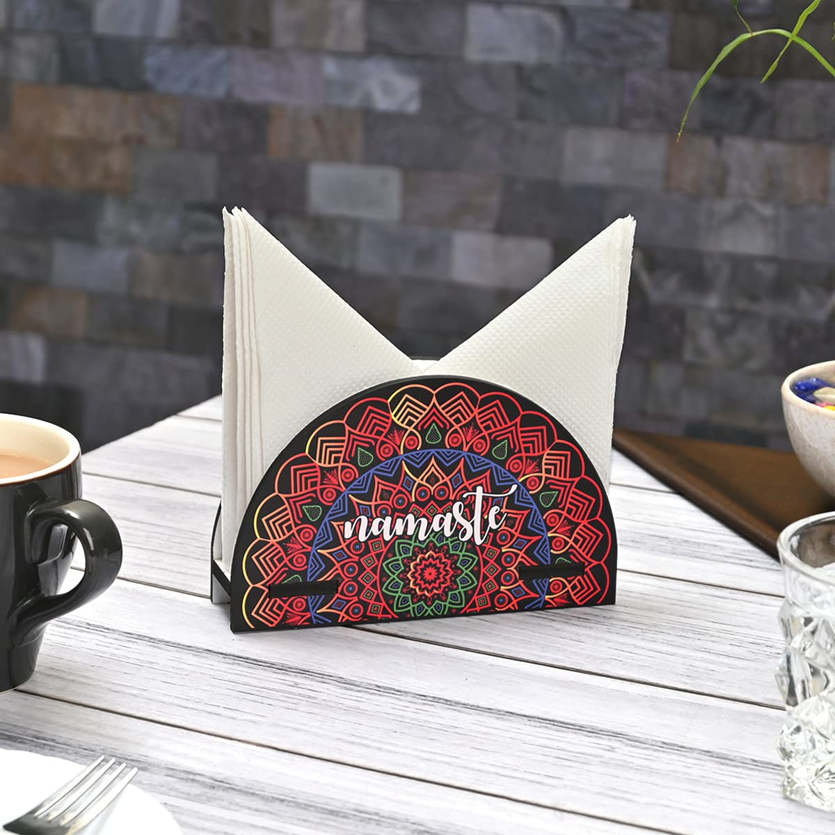 GKD Napkin Holder for Dining Table Beautiful Mandala Art Tissue Paper Stand with Cutwork Decorative Items for Kitchen Wooden Tissue Paper Holder (7 x 8 inch eco Friendly)(Namaste)